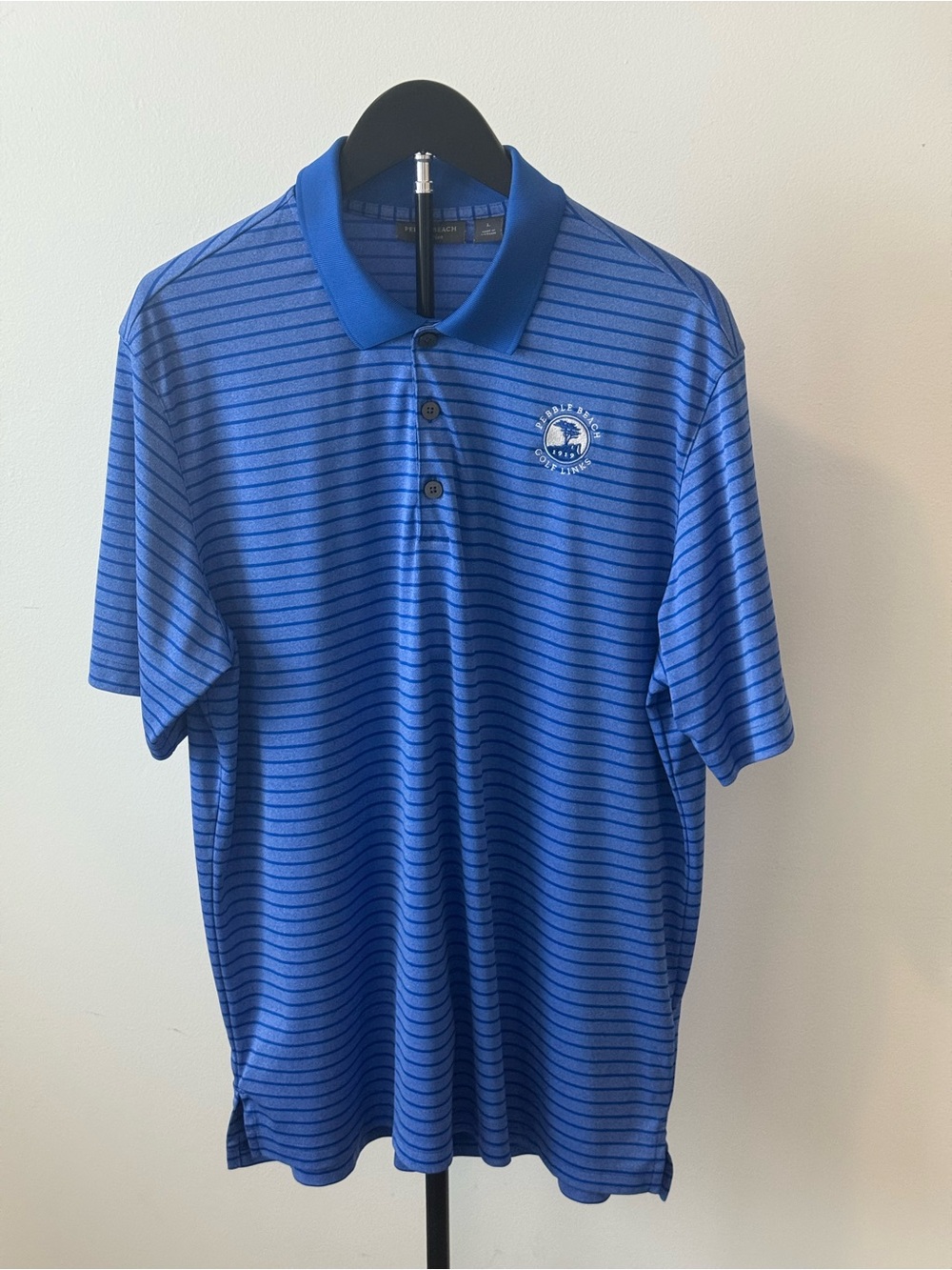 Pebble Beach Golf Links Men’s Large Blue Striped Golf Performance Polo